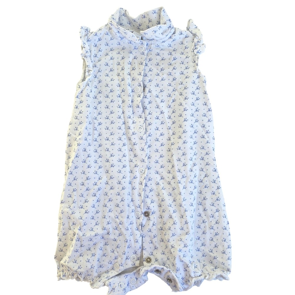 Baby Girls Blue Floral Print Collared Ruffle Sleeve Romper Bodysuit‎